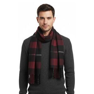 Lanvin 100% Wool Scarf – Plaid Burgundy and Black,  Fringed Winter Wrap